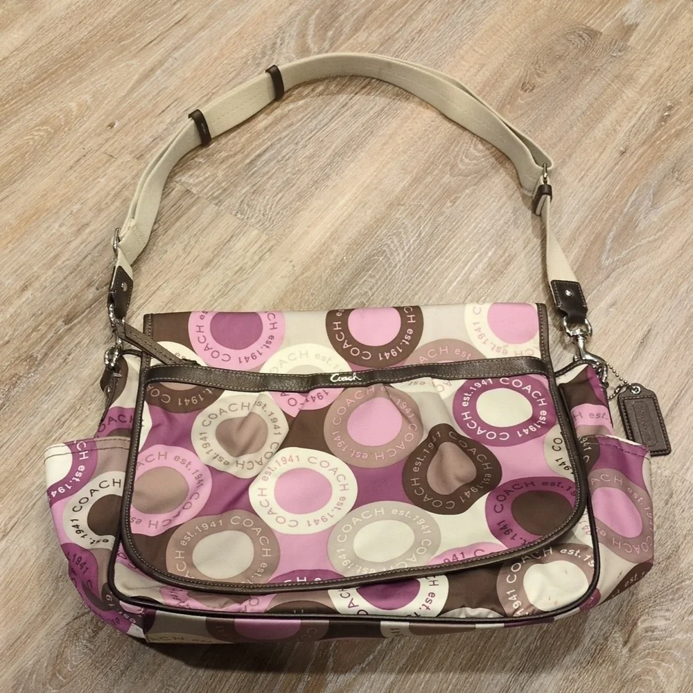 👶🎒Coach Pink/Purple & Brown Circle Diaper Baby Bag w/ Changing Pad👶🎒